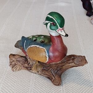 Colorful Duck Figurine on Ceramic Wooden Looking Base